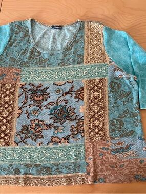 Denim Textured Patchwork beaded Scoop Neck Sweatshirt - Teal Blue